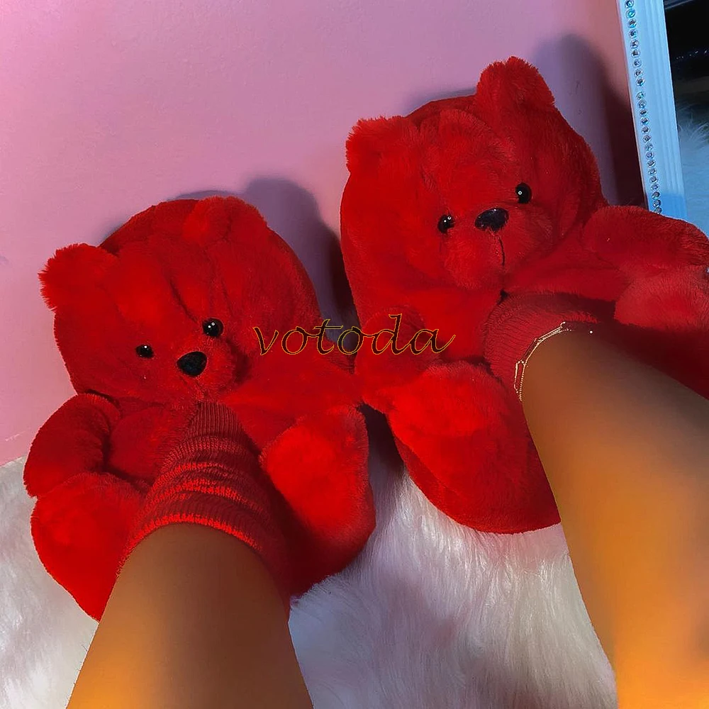 Teddy Bear Slippers Women Cute Cartoon Slides Furry Warm Soft Shoes Home Non-slip Cotton Flip Flops Rainbow Teddies Bear Slipper best house slippers