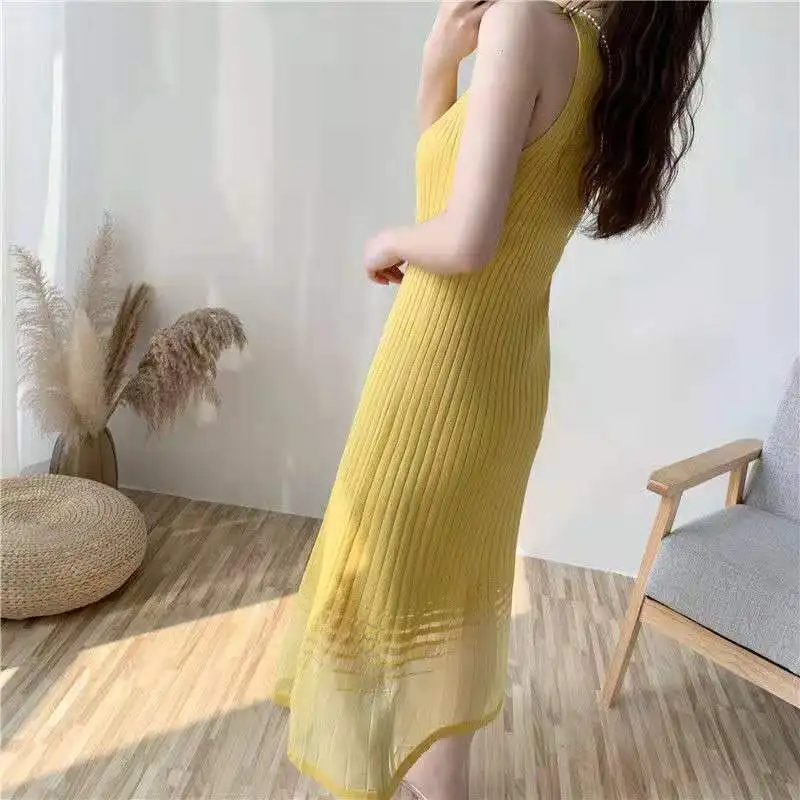 

Knee-Length Women Midi Shirt Dress Ice Silk Knitted Elastic Sleeveless Elegant Party Streetwear 2021 Spring Summer Clothes Club