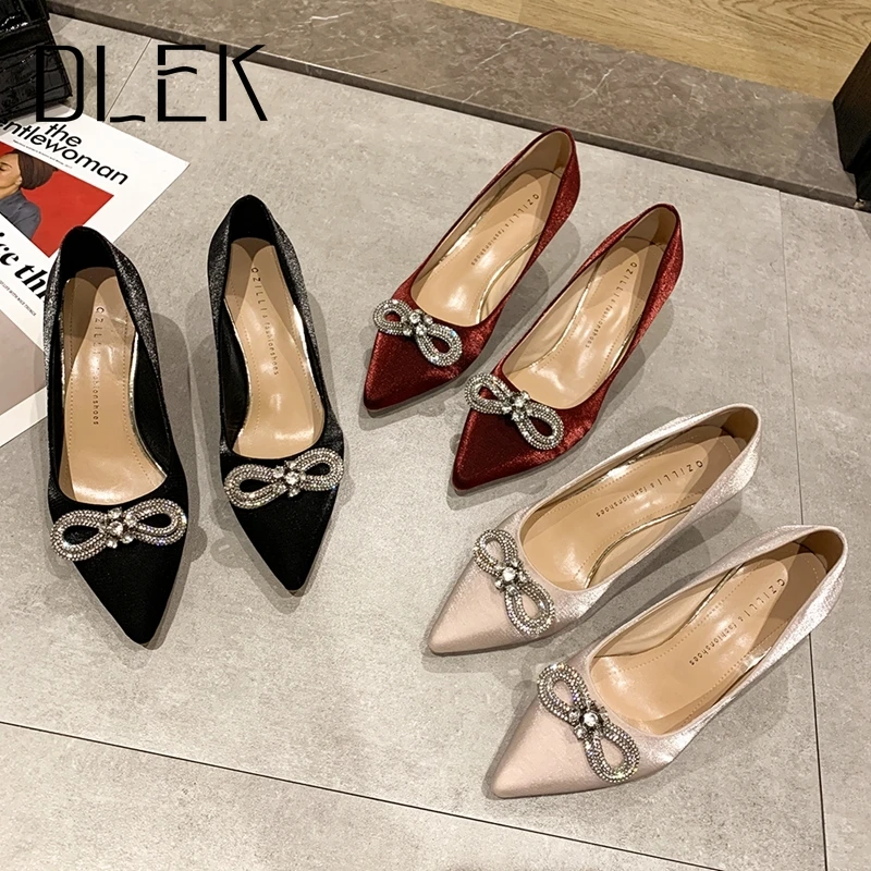 

DLEK High Thin Heel Ladies Pumps Sexy Black Beige Slip on Handmade Spring Crystal Bowknot Pointed Toe Stiletto Shoes