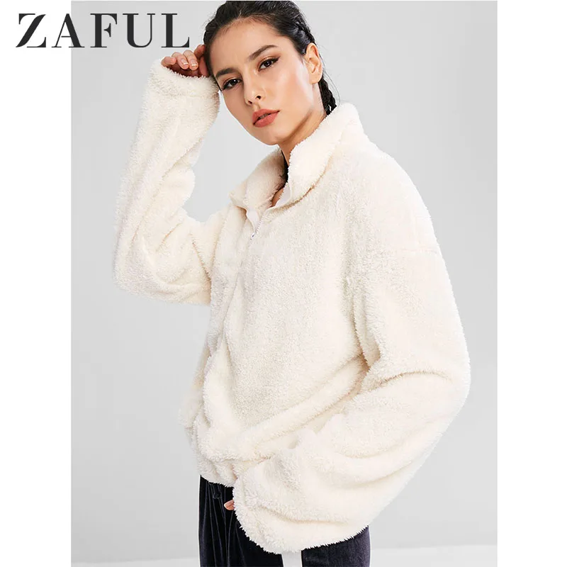 ZAFUL пушистая плюшевая куртка на молнии с заниженным плечом женские зимние теплые