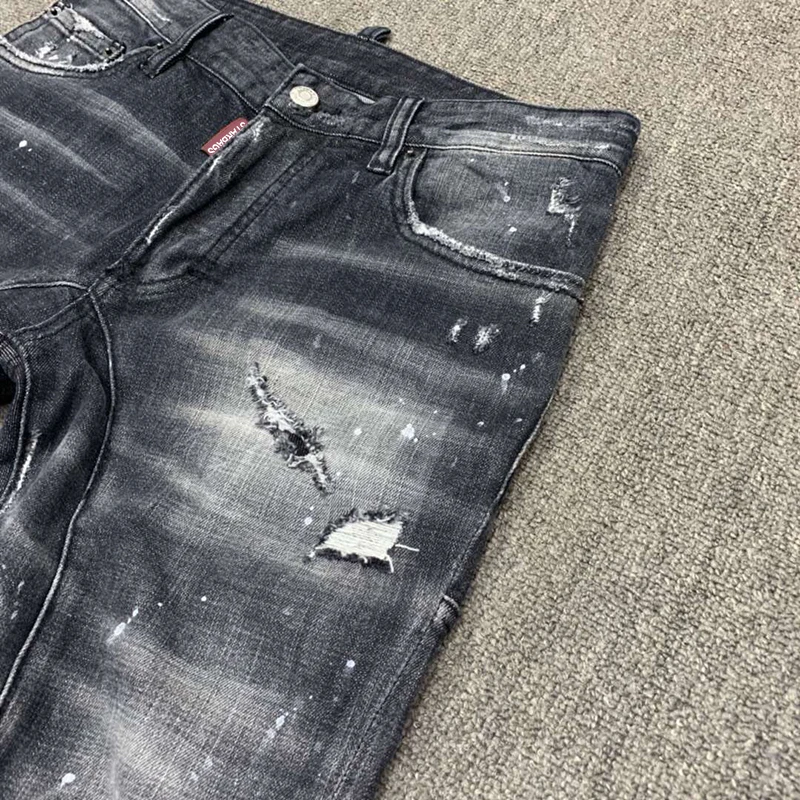 

Italian dsq stard2 four season jeans men's strong wash holes punk hip hop casual fit solid elastic model D2 fashion men's pants