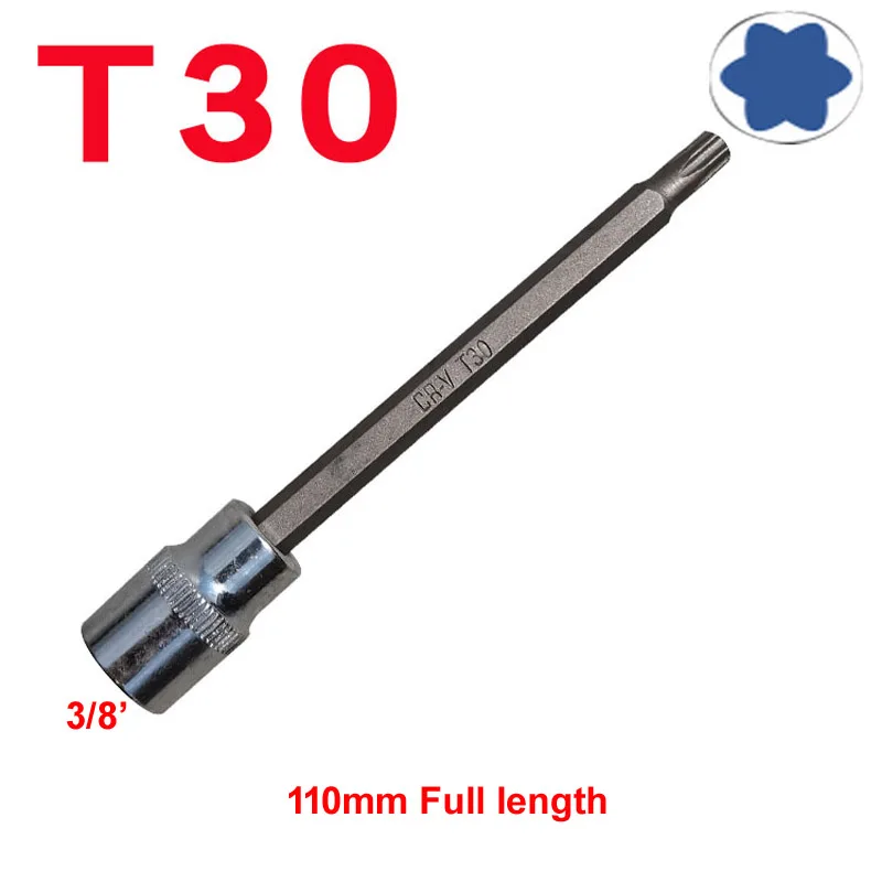 1pcs 110mm Extra Long Spanner Tamper Proof Torx Star Bit Socket Nuts 3/8 Inch Square Impact Driver Wrench Tool T30 T40 T45 T50