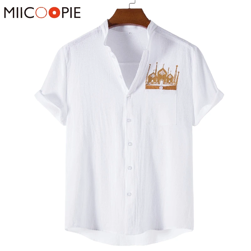 

Мужская хлопковая рубашка с коротким рукавом, белая Повседневная брендовая дышащая рубашка с принтом, дизайнерская льняная футболка с карм...