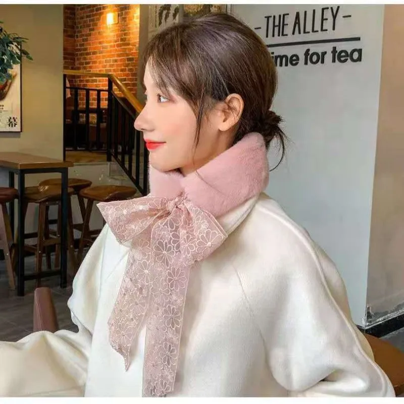 Бежевый корейский кружевной модный осенне-зимний женский пушистый плюшевый шарф