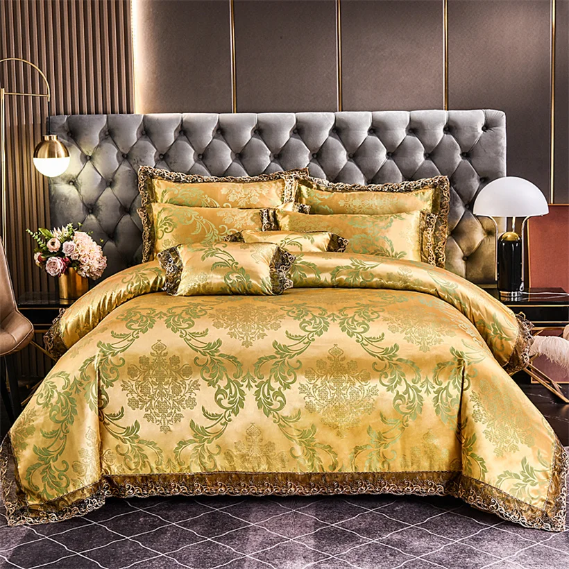Silky Satin Bedding Set Jacquard Bed Cover Set Bed Sheets Queen King Size Duvet Cover Pillowcase Luxury Soft Comforter Case Kit
