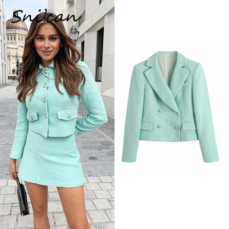 

Snican Solid Tweed Jacket Coat Casual Office Ladies Uniform Double Breasted Chic Tops Fashion Abrigos Mujer Invierno 2021 Za New