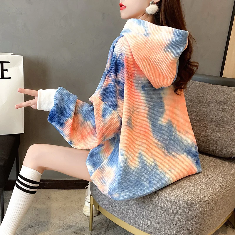

#1799 Tie Dyed Hoodies Women Winter Loose Thick Fleece Hooded Sweatshirt Female Bat Sleeved Korean Fashion Long Hoodie Oversized