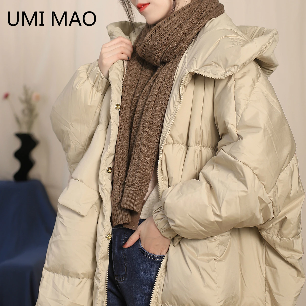 UMI MAO 2020 Winter New Loose Large Size Casual Temperament White Duck Down Mid-length Hooded Black Down Jacket Women