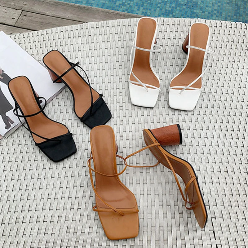 Шлепанцы женские с квадратным носком сандалии на высоком каблуке богемный стиль