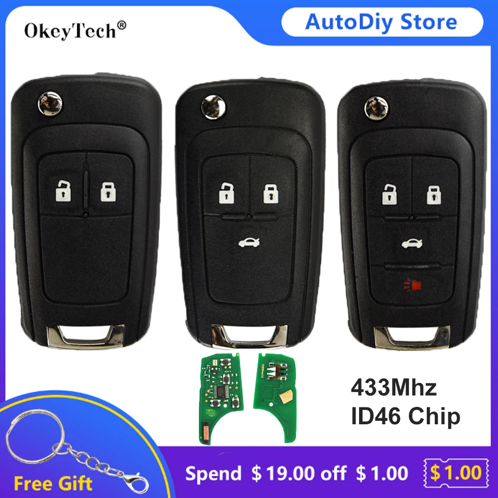 

OkeyTech 433Mhz ID46 Chip Flip Remote Key For Opel/Vauxhall Astra J Corsa E Insignia Zafira C 2009-2015 Uncut Blade 2/3/4 Button