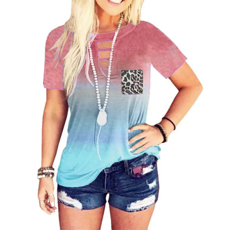 

New Summer Women hollow-out T-Shirts Short Sleeve Tops Fashion Casual 2020 Women Streetwear Shirt pocket Colorful Print Tee Shir