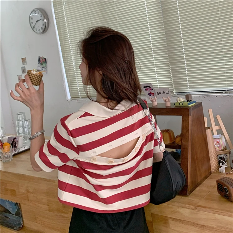 

XZ024 Button halter top spring 2021 new style Korean loose striped short-sleeved T-shirt women