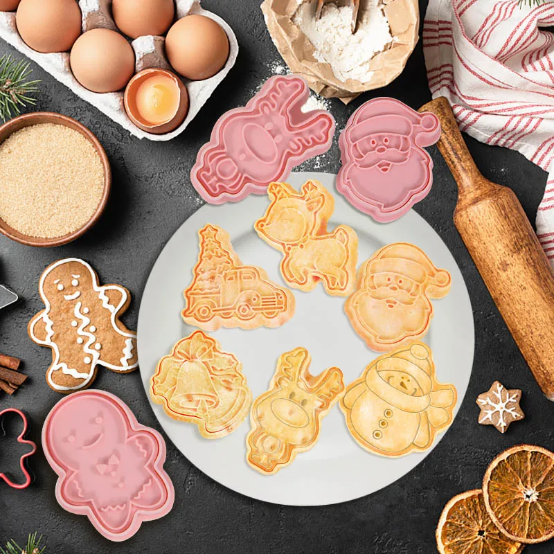 

6pcs Christmas DIY Baking Cookies Plastic Mould Elk Snowflake Santa Claus 3D Cutting Mould Dessert Shop Home Kitchen Accessories