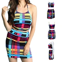 women two piece clothes set women suit multicolor plaid printed pattern camisole and short skirt m l xl xxl