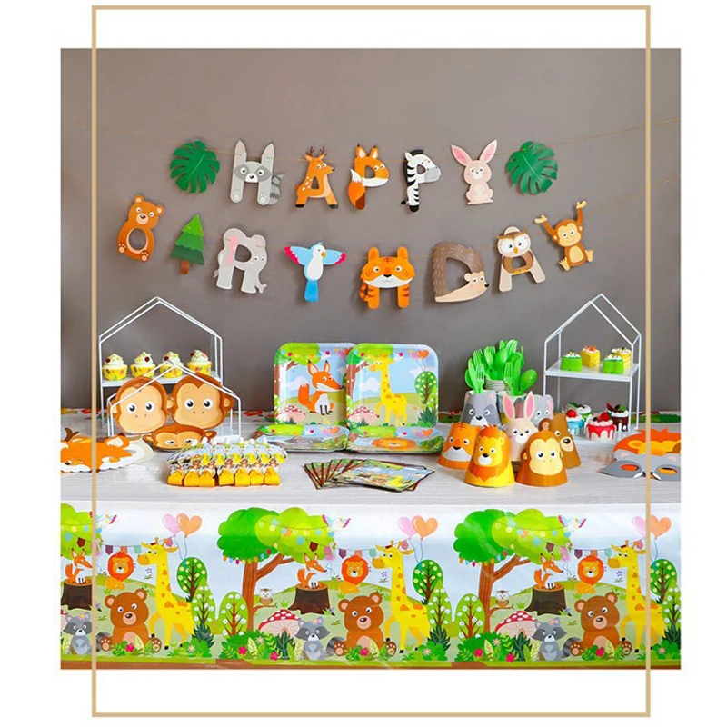 

Woodland Animals Disposable Tableware Monkey Plates Lion Cups Jungle Safari Theme Parti Happy Birthday Party Decor Kids Boy 1st