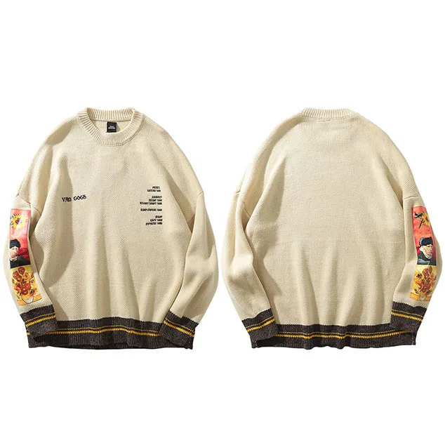 A550937 Khaki Мужской свитер в стиле хип-хоп, пуловер, уличная одежда с вышивкой Ван Гога, вязаный свитер в стиле ретро, винтажные осенние свитера из хлопка - Цвет: A550937 Khaki