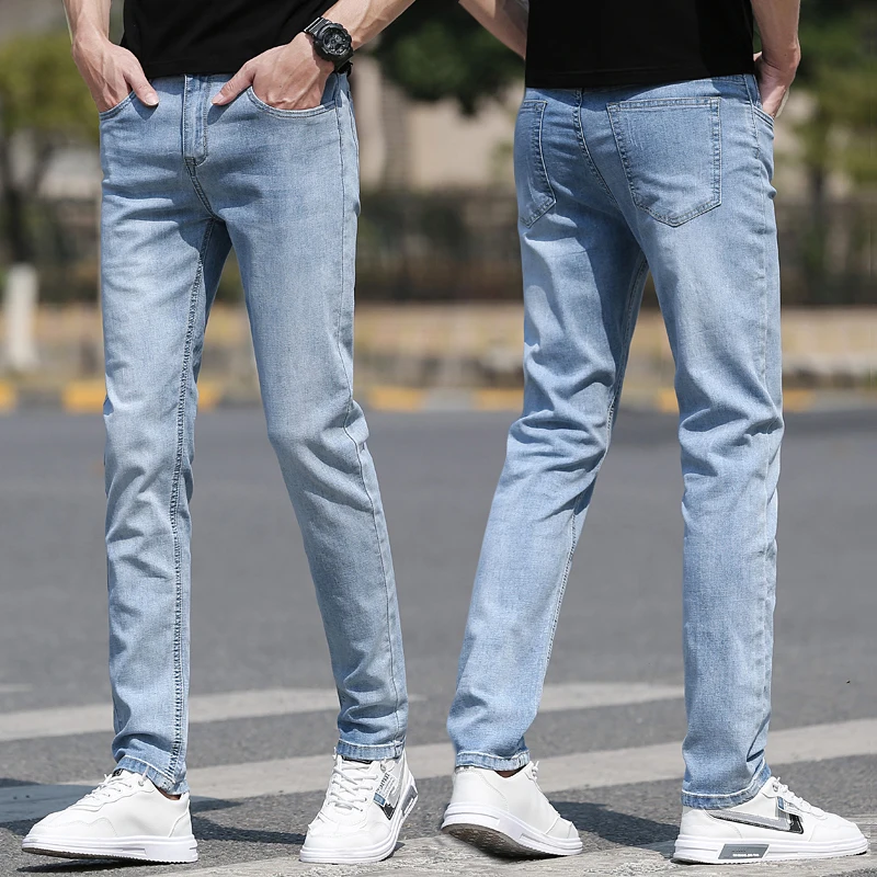 

2021 Spring/Summer Cotton Stretch Slim Straight Lightweight Jeans Classic Simple Style Young Men's Brand Thin Denim Jeans