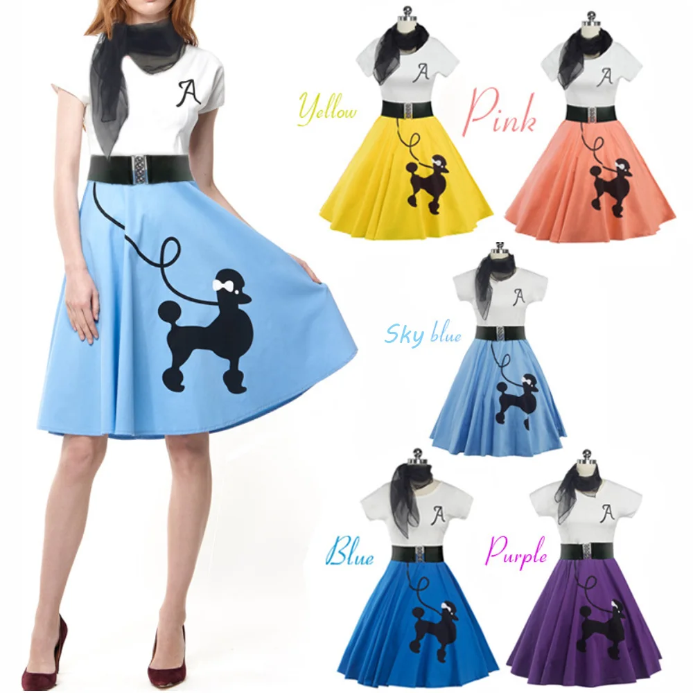 Kenancy 5 Colors Dog Print With Scarves Women Vintage Dress O-Neck Short Sleeve Swing Vestidos 50s Robe Female Casual | Женская одежда