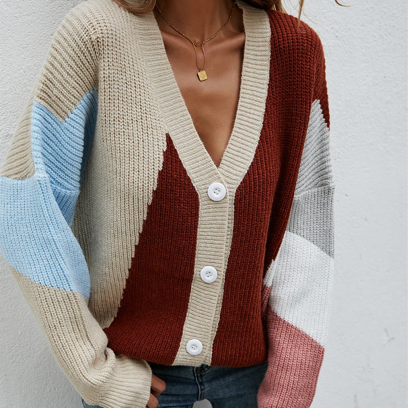 

Женский трикотажный кардиган в стиле пэчворк, разноцветный винтажный свитер на пуговицах с длинным рукавом, Осень-зима