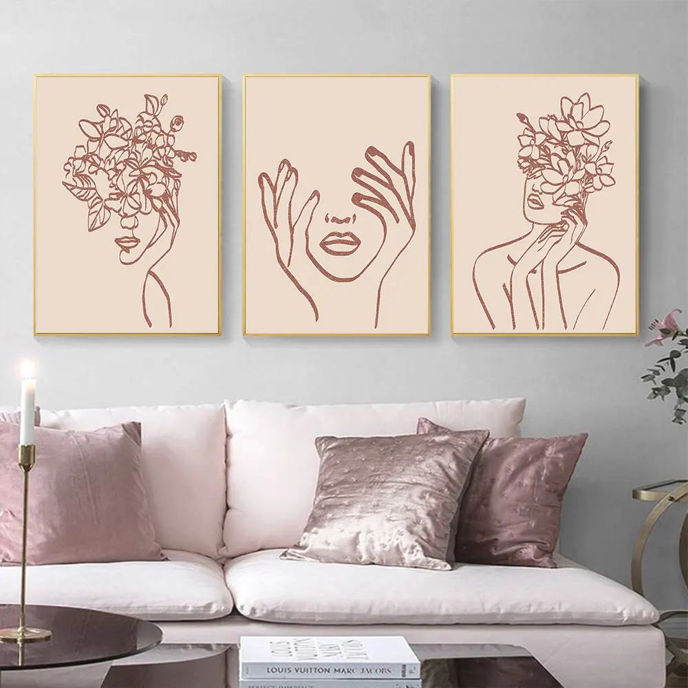 

Boho Minimalist Lady Body Line Drawing Canvas Poster Abstract Women Nude Art Painting Hand Print Flower Picture Home Wall Decor