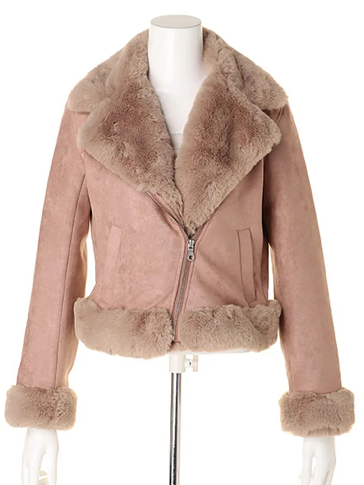 

Pockets Woman Jacket 2021 Warm Fur Collar Zip Femme Tops Autumn Winter New Sweet Vintage Coat Japanese Style Double