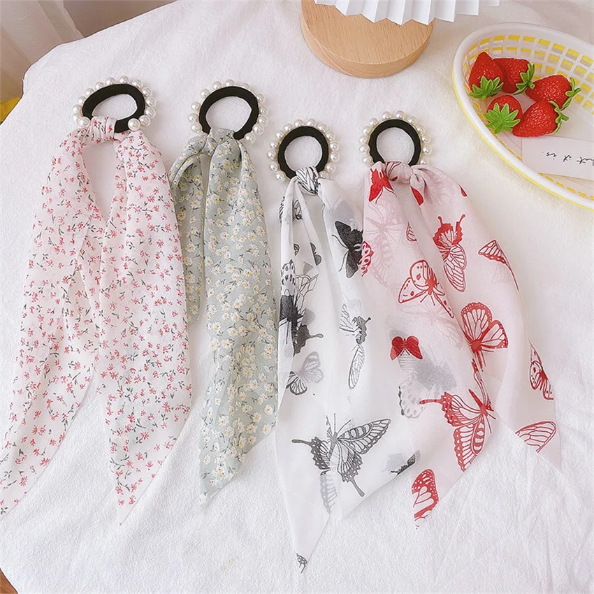 

Резинки для волос с жемчугом и длинными лентами в горошек