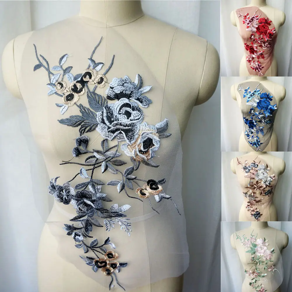 Синяя коричневая красная серая вышитая Цветочная кружевная ткань аппликации