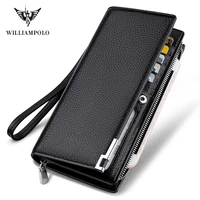 williampolo fashion long design genuine cow leather wallet man metal corner phone wallet luxury wallet black 129