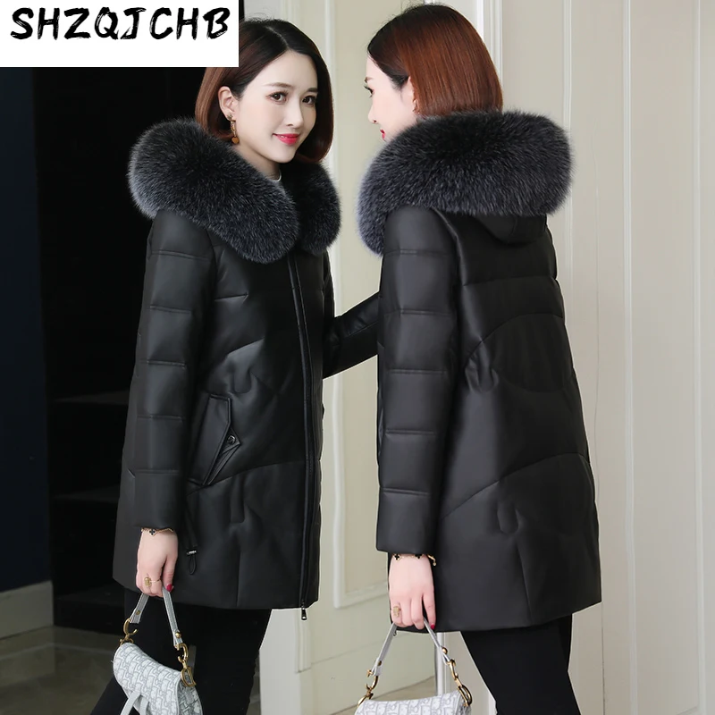 

Кожаный пуховик SHZQ, Женское пальто из овечьей шерсти, воротник средней длины, зима 2021