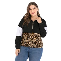 plus size women sweatshirts autumn new printed leopard black white patchwork zipper female fashion hooded sweatshirt pullover