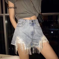 new heavy industry chain tassel sexy jeans feminino womens 2020 summer fashion pearl nail denim mid waist shorts