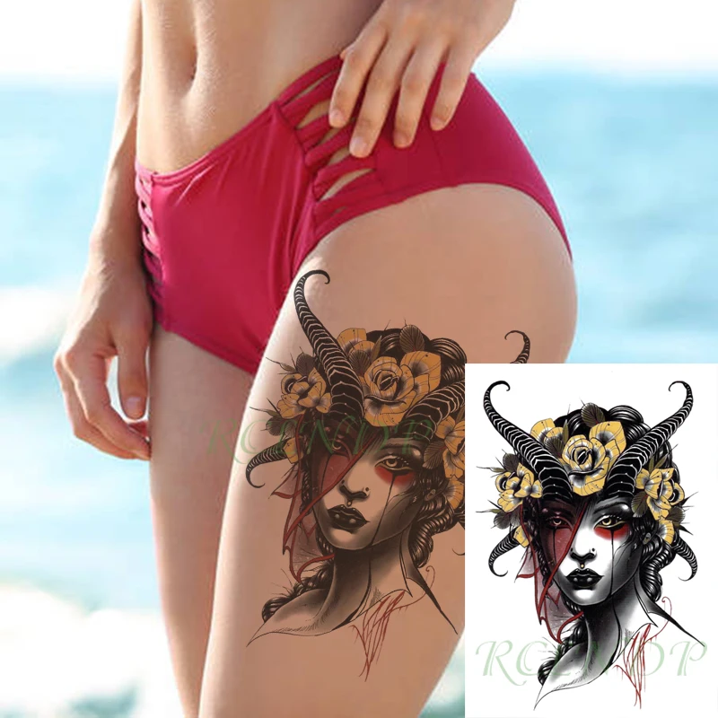 

Waterproof Temporary Tattoo Sticker Cool Sexy Girl with Horn In Head Rose Flower Totem Fake Tatto Flash Tatoo for Men Women