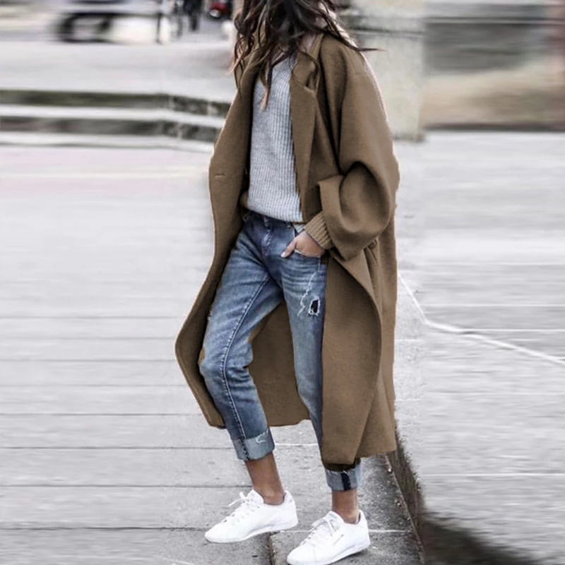 

Winter Elegant Wool Coats Women Fashion Turn-down Collar Long Overcoat Office Ladies 2021 Autumn Long Sleeve Jackets Streetwear