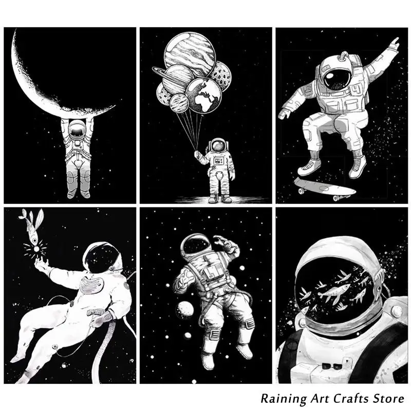 

5D Diy Diamond Painting Black and White Astronaut Portrait Full Drill Rhinestones Embroidery Mosaic Pictures Wall Art Home Decor