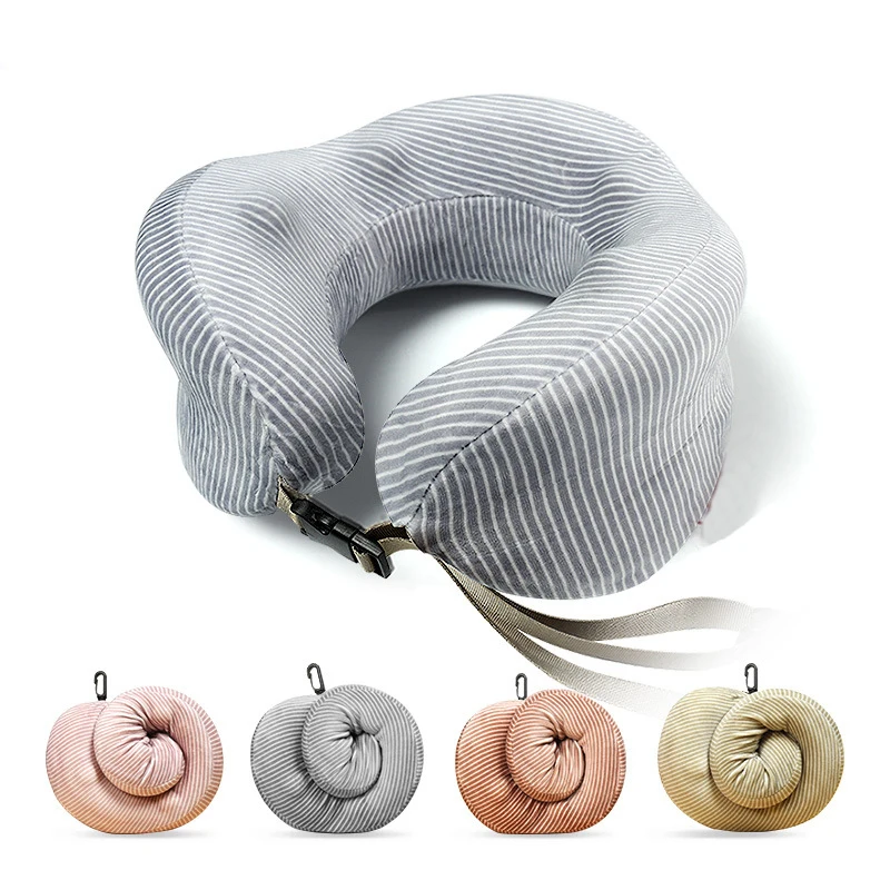 

Portable U-Shape Memory Foam Travel Pillow Stripe Foldable Neck Pillow for Airplane Soft Slow Rebound 25*25*10cm Neck Support