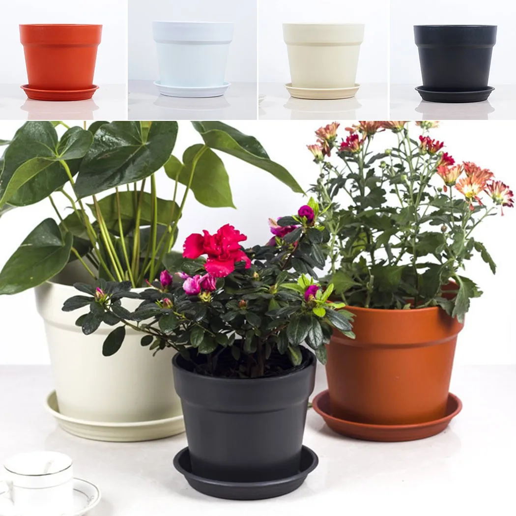 

1PCS Thicken Flower Pot Durable Resin Plant Flower Pot With Tray Gloss Planter Home Garden Decoration Drainage Holes