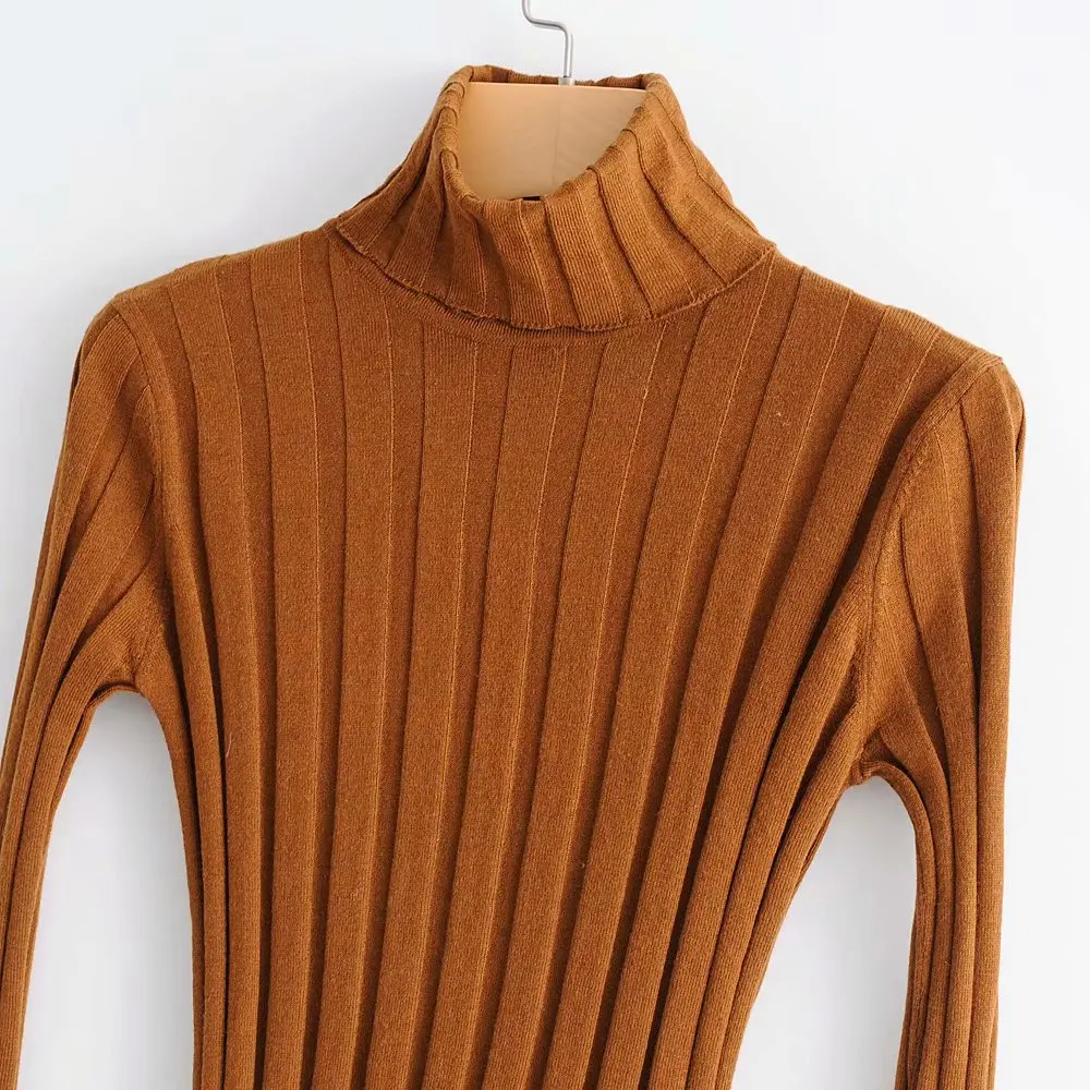 Elegant Sexy Ladies Slim Knitwear Casual Streetwear Stylish Chic Women Brown Striped Turtleneck Bodycon Sweater Female Pullovers | Женская