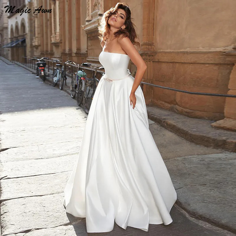 

Свадебное платье принцессы Magic Awn, скромное сатиновое платье без бретелек, со шнуровкой на спине, трапециевидного силуэта, винтажное, 2021