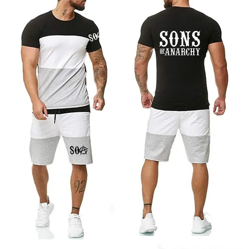 

New Summer Men's short sleeve SOA Sons of anarchy the child SONS Printed High Quality Fashion Men's T-Shirt Pants Suit 2Pcs Q