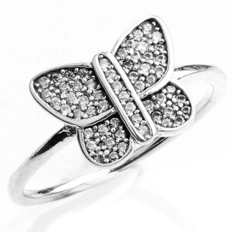 

Original 925 Sterling Silver Pan Ring Shiny Butterfly With Crystal Ring For Women Wedding Party Gift Fashion Jewelry