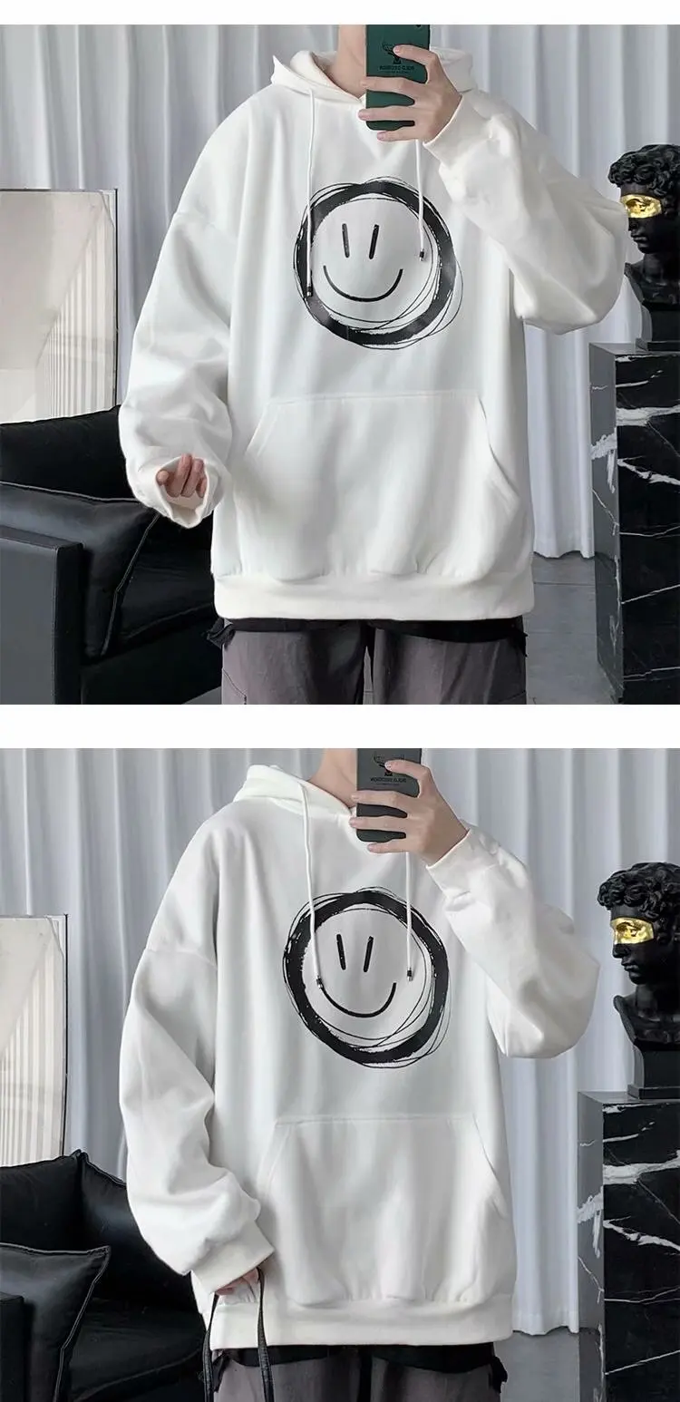 

M-5XL Fashion Smiley Printing Long Sleeve Hoodie Men Oversize Loose Korea Casual Hooded T-shirt Coat Windbreaker Sweatshirt