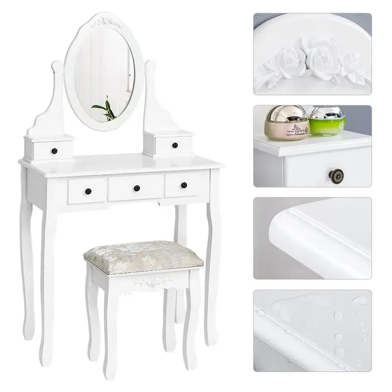 

Туалетный столик с зеркалом, современный макияжный стол с табуретом, пять ящиков, комод, макияжный стол, мебель для спальни, HWC