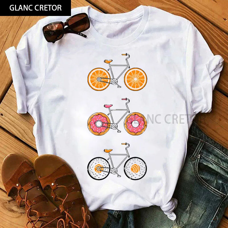 

New Women Summer Harajuku Short Sleeve White T Shirts Casual Woman Tops Tees T Shirt Funny Bicycle with Sunflower Women Tshirt