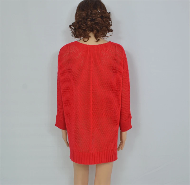 

Autumn Casual Fashion Women Sweater Long Sleeve O-Neck Knitted Loose Long Sweater Pure Color Red Thin Bottom Soft Sweater