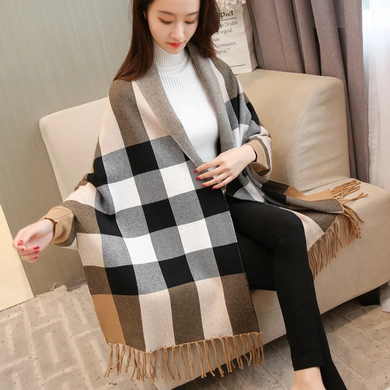 Плащ с кисточками шаль пальто женский осенний и зимний Корейский клетчатый