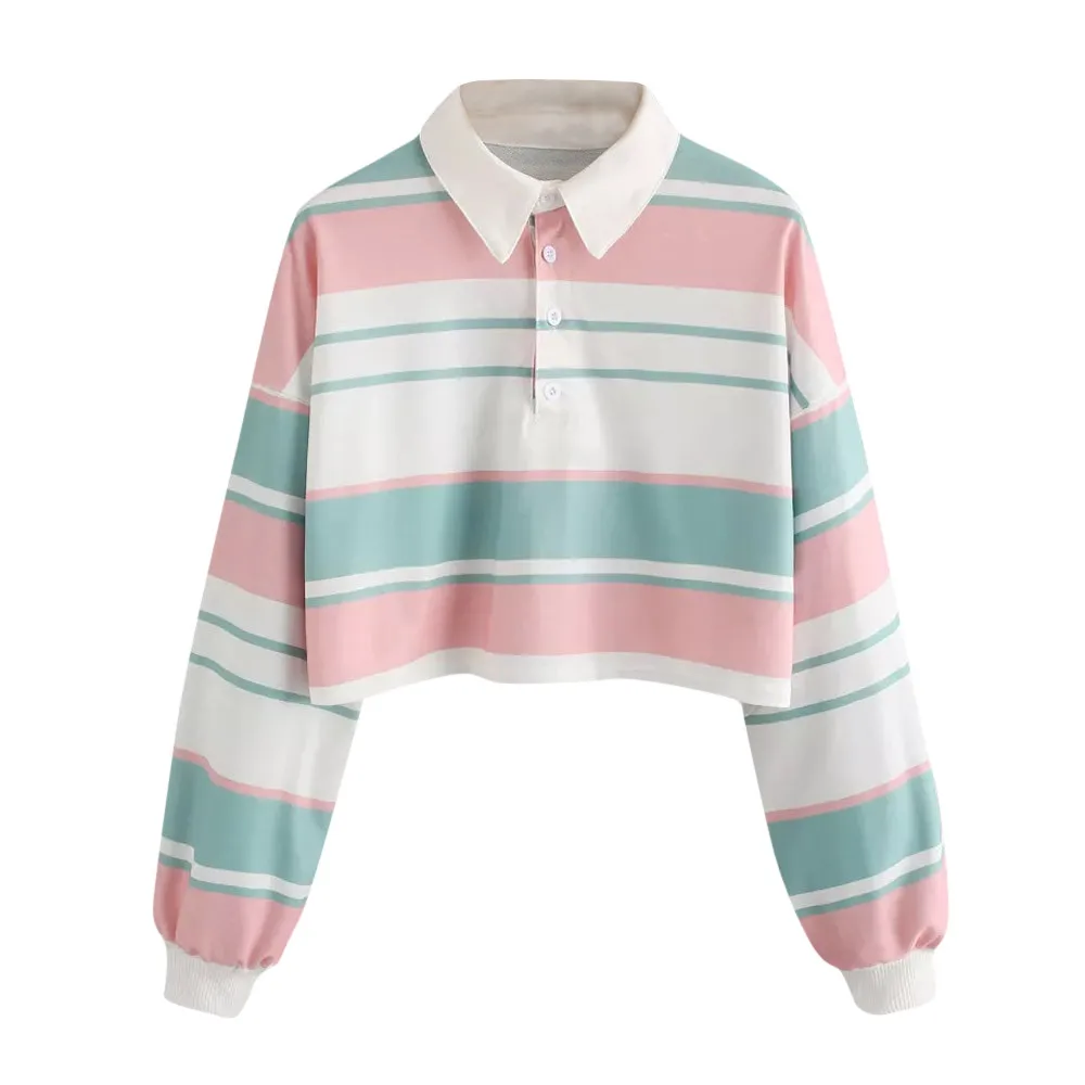 Sweatshirts Womens Harajuku Sweatshirts Casual Drop Shoulder Striped Crop Pullover Sweatshirt Sudaderas Женская одежда 2021 New
