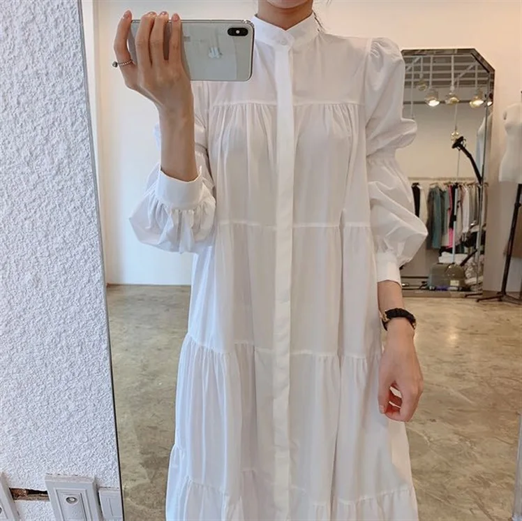 

Dresses Korean French Style Stand Collar Single-Breasted Loose Pleated Puff Sleeve Shirt Dress Long Dress Female Kawaii