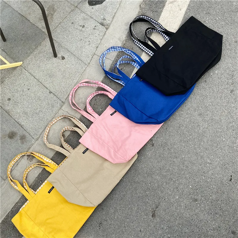 

Casual Canvas Women Shopping Handbags Simple Plaid Double-sided Ladies Shoulder Bags Large Capacity Student Girls Durable Bag