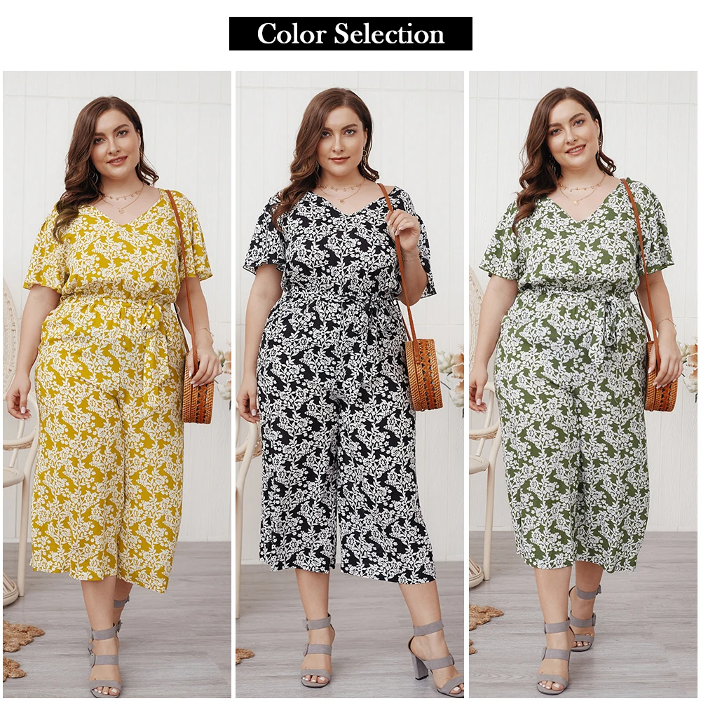 2021 размера плюс женская Цветочный Принт Комбинезон Летняя обувь для отдыха с