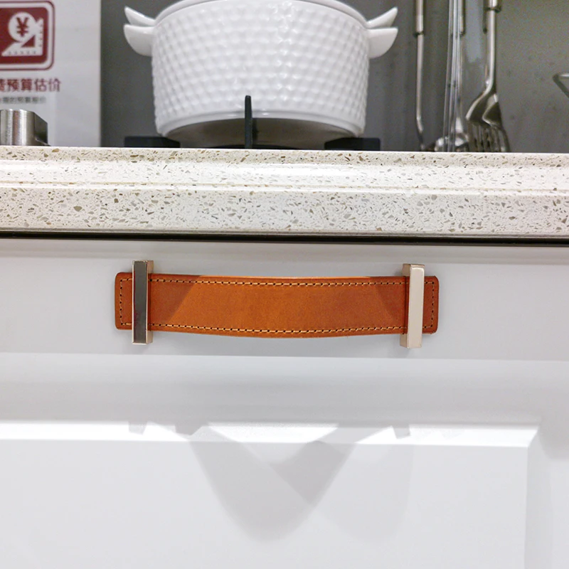 

rose gold brass square Orange Genuine leather cabinet handles dresser handles cabinet knobs and handles kitchen furniture handle